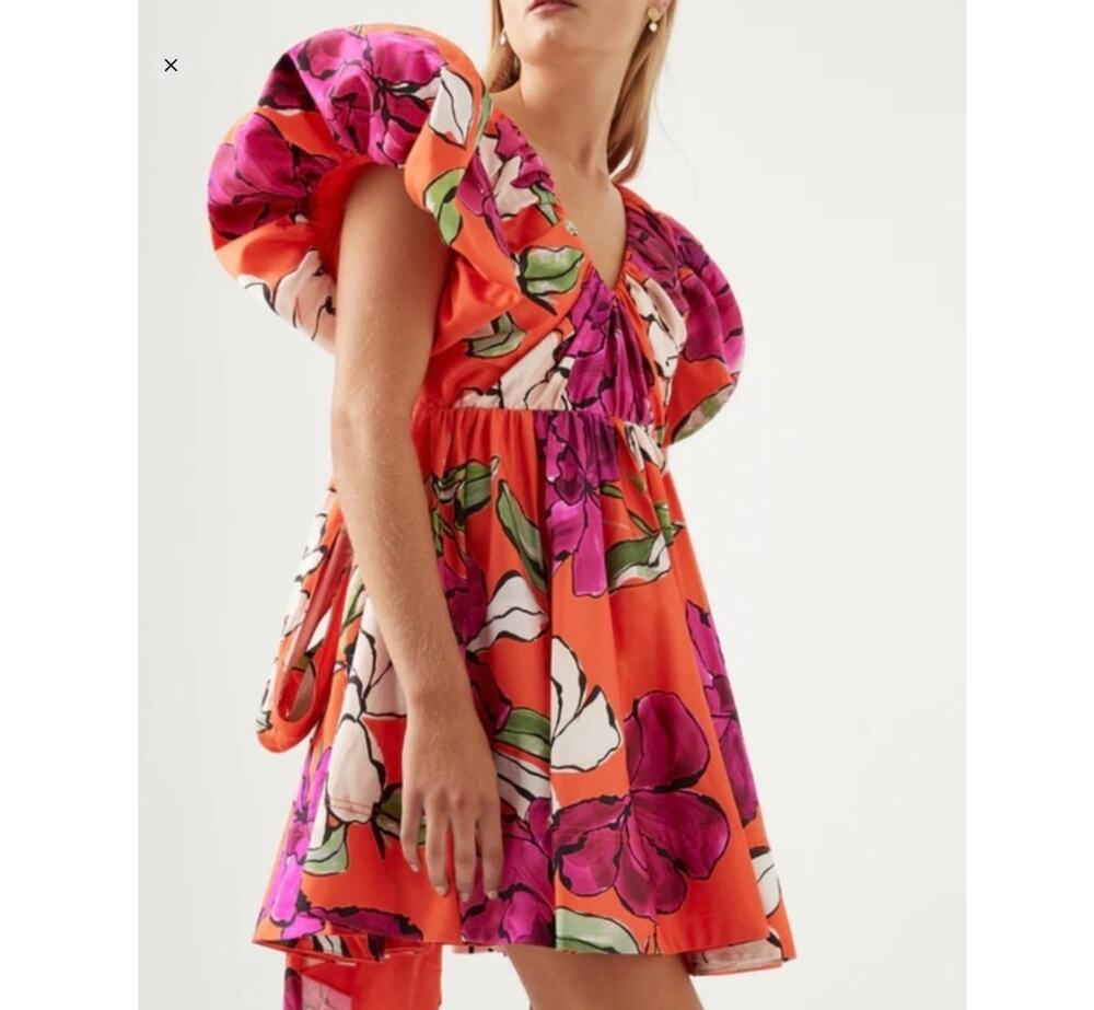 Aje Vivid Camellia Gretta Orange Bow Back puff sleeve Mini Dress XS US 2 AU 6